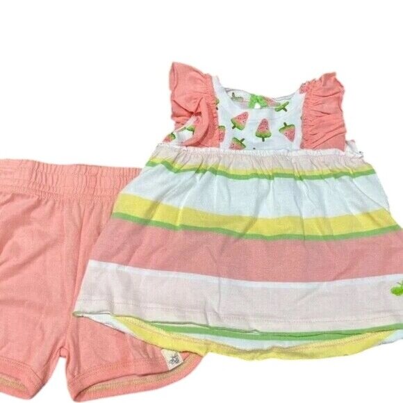 Burt's Bee Watermelon Striped Short Set Pink Ruffle Euro Summer Preppy Modern - Picture 1 of 11